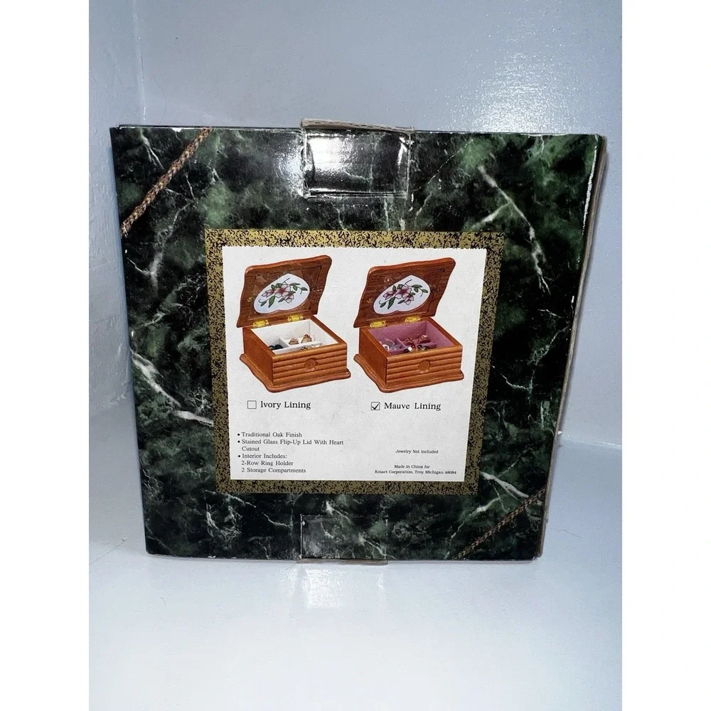 Vintage 1990's Ladies Jewelry Box Oak Finish Stained Glass Lid Kmart NEW IN BOX!